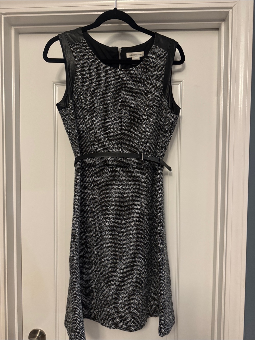 Liz Claiborne Black and White Tweed Sheath Dress with Faux-Leather Trim